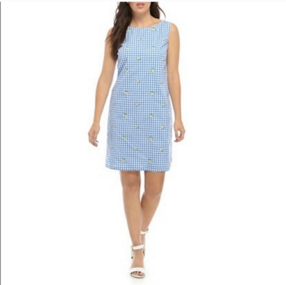 Kim Rogers Blue Gingham Lemon Embroidered Sleeveless Dress sz M